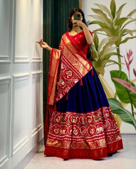 Home 🏡 29 Women’s Stitched Tussar Silk Patola Print Lehenga Choli Dupatta Set