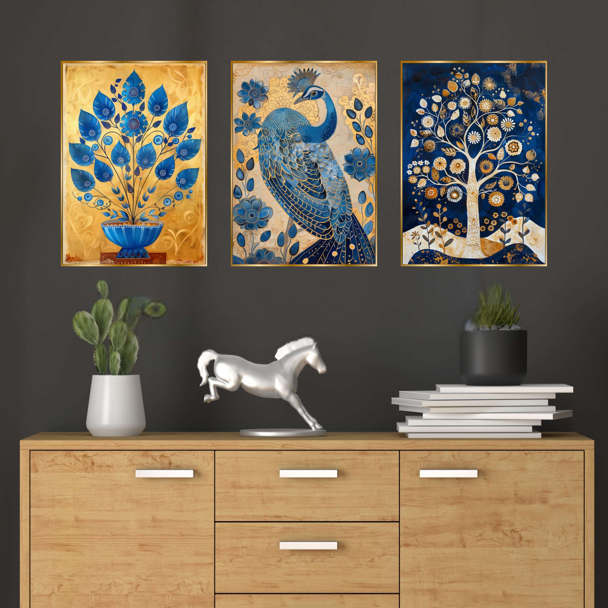 Set of Three Wall Paintings for Wall Dacoration Golden Framed Wall Paintings for Living Room & Bedroom Wall Art for Home Decoration & Office Wall Décor (18×12 inch CH-GD3-14)