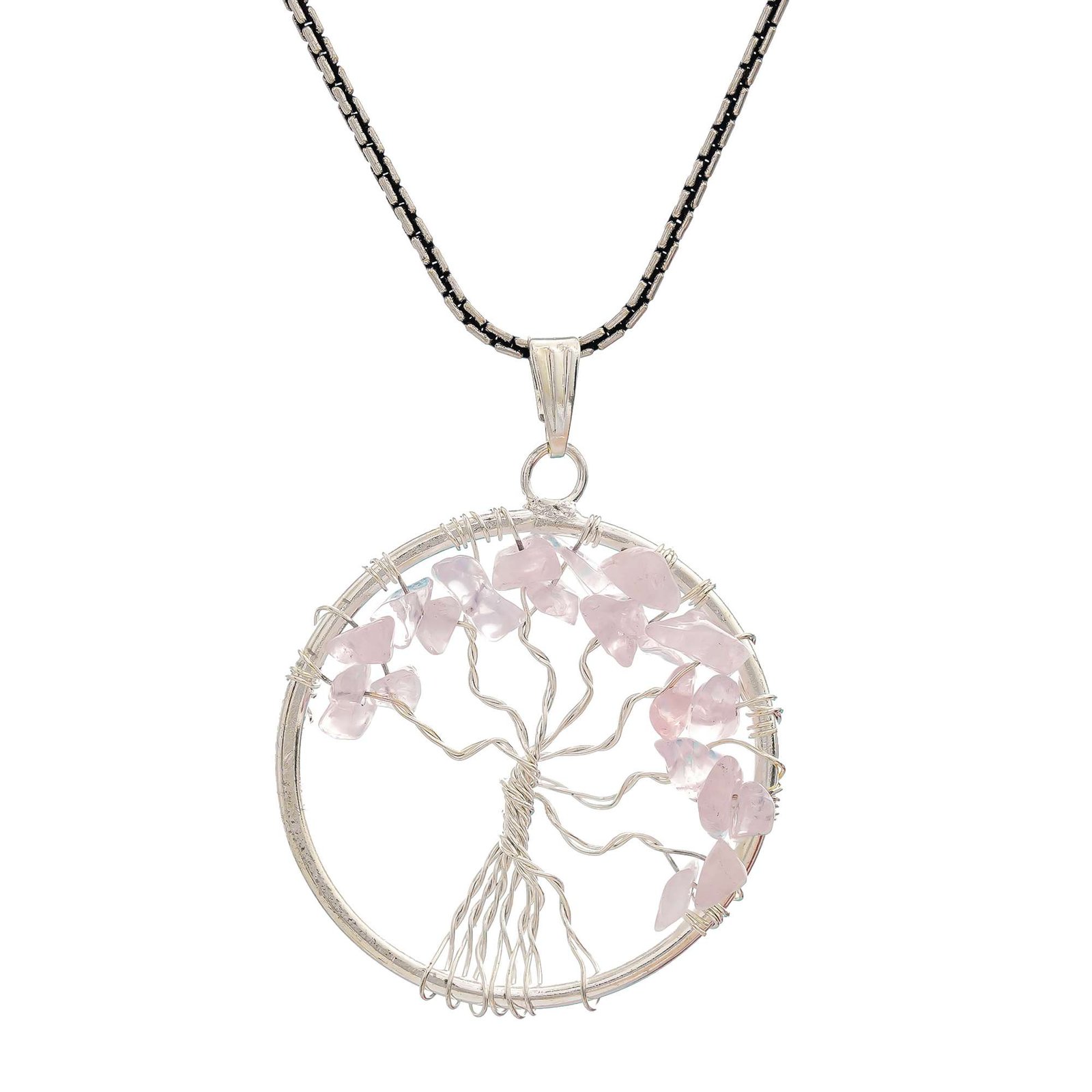 Rose Quartz Pendant Tree of Life Crystal Stone Pendant Locket with Metal Chain for Healing Crystal Healing Gemstone Size 35-40 mm rose quarts 1 al3eju