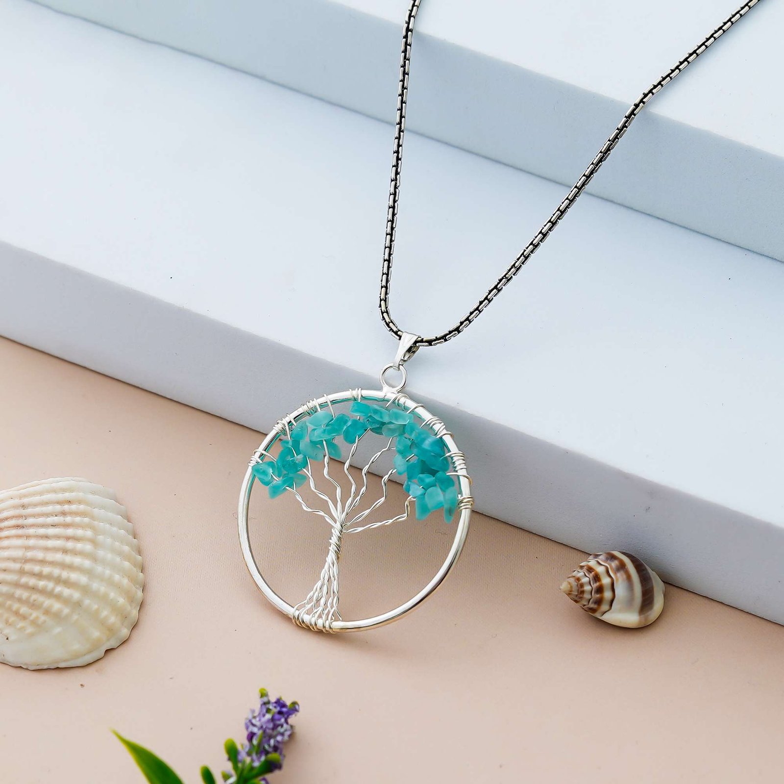 Amazonite Pendant Tree of Life Crystal Stone Pendant Locket with Metal Chain for Healing Crystal Healing Gemstone Size 35-40 mm Amazonite 1 s3ZKGW